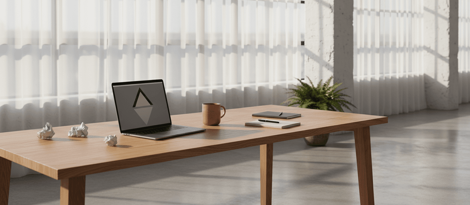 A sunlit workspace with a laptop, notebook, and mug on a wooden desk